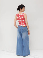 Cotton-blend Cat Graphic Gingham Ruched Tank Top