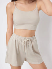 U-neckline Crop Cami Top & Drawstring Wide Leg Shorts Set