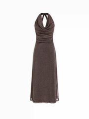 Metallic Cowl Neck High Rise Straight Maxi Dress