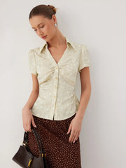 Satin Polka Dot Ruched Puff Sleeve Shirt