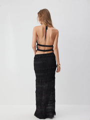 Jacquard Textured Ruffled Top & Mid Rise Bodycon Maxi Skirt Set