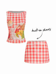 Cotton-blend Check Fruit Graphic Tank Top & Mid Rise Pencil Mini Skirt Set
