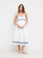 Cotton Contrasting Binding Stripe Knotted Shirred Midi Cami Dress