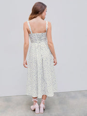 Square Neck Floral Corset Lace Up Midi Dress