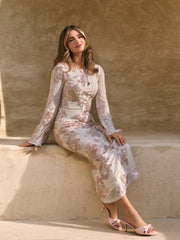 Floral Applique Bell Sleeve Mermaid Maxi Dress