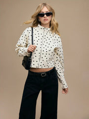 Linen-blend Polka Dot High Neck Zip Through Jacket