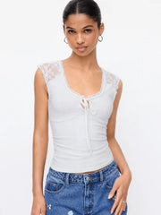 Cotton-blend Scoop Neck Lace Panel Tie-front Tank Top