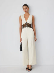 Satin V-neck Lace Panel Mid Rise Wide Leg Pocket Jumpsuit