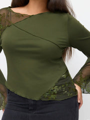 Cotton-blend Boat Neck Lace Patched Asymmetrical Hem Bell Sleeve Top Curve & Plus