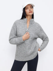 Knit Wool-blend Stand Collar Long Sleeve Half Zip Oversized Top