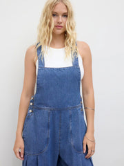 Denim Pleated Belted Shoulder Straps Jumpsuit