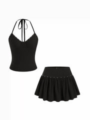 Halter Neck Metal Detail Top & Low Rise Mini Skirt Set