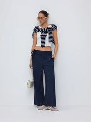 Low Rise Striped Tie Side Ruched Straight Leg Trousers