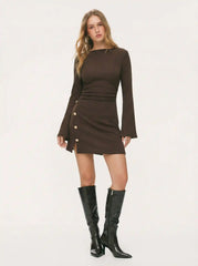 Stand Collar Bell Sleeve Metal Button Split Ruched Mini Dress