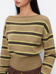 Knit Boat Neck Striped Long Sleeve Top