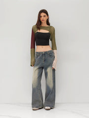 Knit Hollow Out Colorblock Crop Shrug