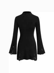 Knit High Neck Bell Sleeve Ripped Mini Dress