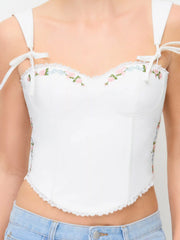 Cotton-blend Sweetheart Floral Embroidery Bowknot Cami Top
