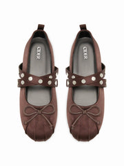 ROUND TOE SATIN STUDDED MARY JANE FLATS