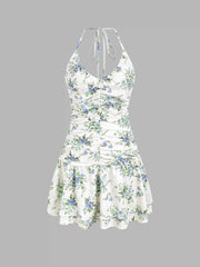 Halter V-neck Floral Layered Ruffle Hem Mini Dress