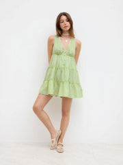 Cotton-blend V-neck Check Knotted Lettuce Trim Somck Mini Dress
