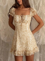 Chiffon Square Neck Puff Sleeve Ruched A-line Mini Dress