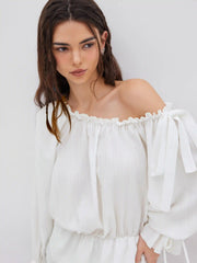 Asymmetrical Neck Lantern Sleeve Knotted Blouse