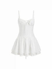 Cotton-blend Broderie Anglaise V-neck Lace Up Ruched A-line Mini Dress
