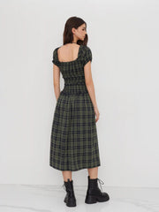 Square Neck Plaid Lettuce Trim Shirred Knotted Maxi Dress