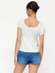 Cotton-blend Scoop Neck Babydoll Lace Trim Peplum Short Sleeve Top
