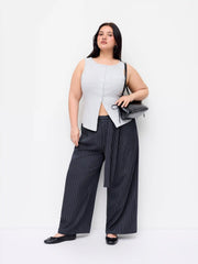 Mid Rise Stripe Wide Leg Trousers With Belt Curve & Plus