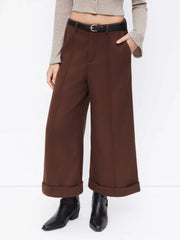 Wool-look Mid Rise Roll Hem Cropped Trousers With Belt