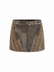 Denim Acid Wash Lace-Up Zip Mini Skirt