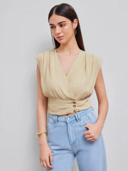 V-neck Ruched Button Corset Solid Tank Top