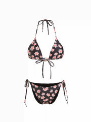 Halter Neckline Floral Knotted Tie Side Bikini Set