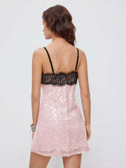 Sequins V-neck Lace Trim A-line Mini Dress