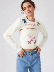 Wool-blend Round Neckline Floral Butterfly Knitted Crop Long Sleeve Top