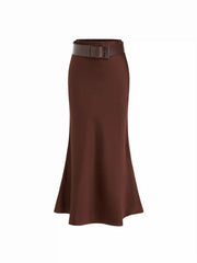 Satin Mid Rise Mermaid Maxi Skirt With Belt