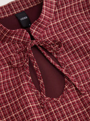 Cotton-blend Mandarin Collar Tartan Cut Out Bowknot Puff Sleeve Mini Dress