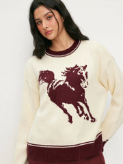 Knit Horse Graphic Round Neck Contrasting Binding Oversized Sweater
