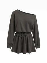 Asymmetrical Neck Drawstring Cinched Waist Flared Mini Dress
