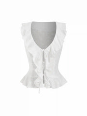 Jacquard V-Neck Ruffled Tie Front Blouse