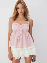 Sweetheart Neck Bowknot Lace Trim Longline Oversized Cami Blouse