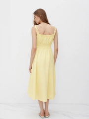 Linen-blend Lettuce Trim Knotted Shirred Cami Midi Dress