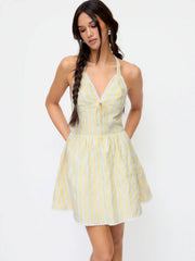 Cotton-blend Striped Sweetheart Neck Lace Trim Backless Flared Mini Dress