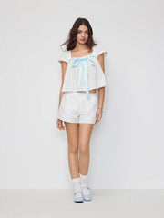 Cotton Square Neck Puff Sleeve Bowknot Top & Shorts Set