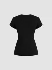 Cotton-blend Round Neckline Solid Button Short Sleeve Top