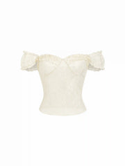 Textured Lace Sweetheart Puff Sleeve Ruched Top