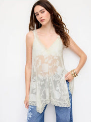 Jacquard V-neck Floral Lace Panel Ruffled Oversized Blouse
