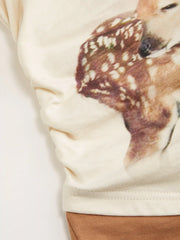 Deer Graphic V-neck Long Sleeve Two Tone Ruched Tee
